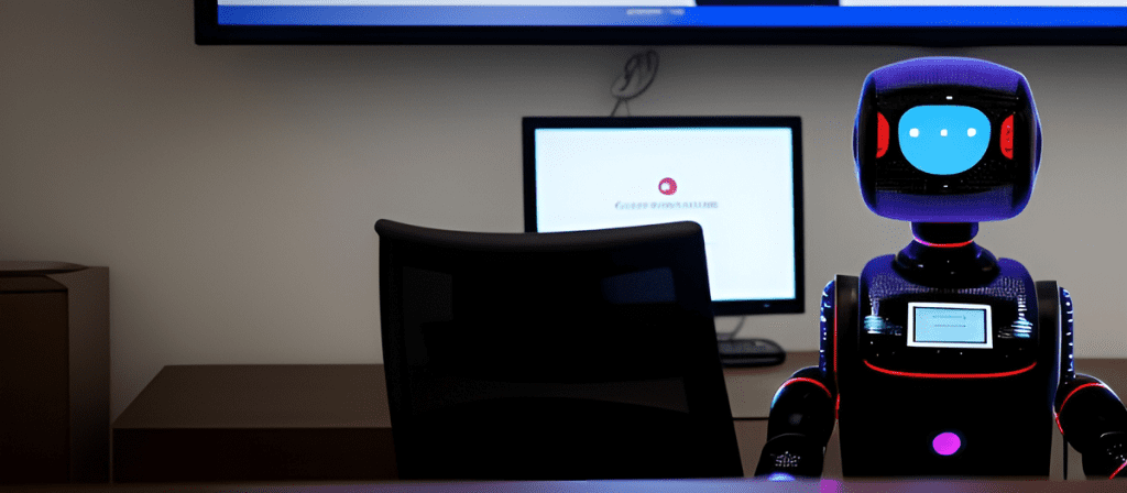 A robot sitting next to a computer screen.