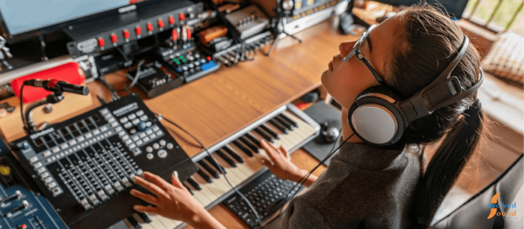 Female in studio producing on hold music with keyboard and music making equipment.