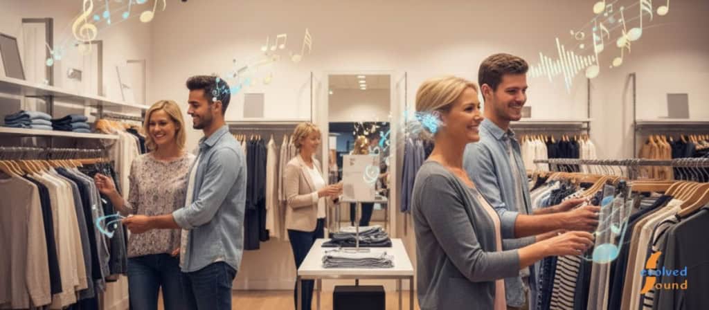 Retail store interior with soft background music and hidden speakers enhancing customer experience.
