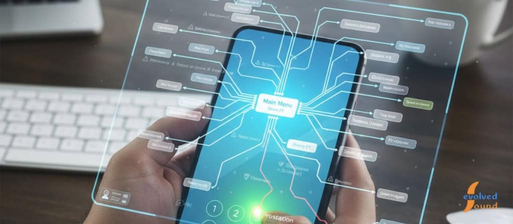 Smartphone displaying a dial pad and IVR flowchart showing automated call routing