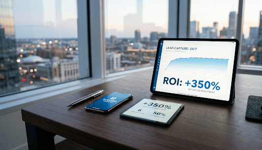 Evolved Agent: A minimalist, professional desktop with a tablet displaying a clear business dashboard showing high ROI (+350%) and 24/7 lead capture for Australian businesses.