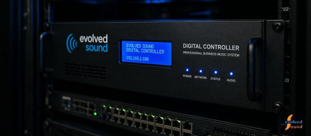 Moody, high-contrast image of an Evolved Sound digital controller mounted in a server rack, emphasizing technical reliability compared to a smartphone.