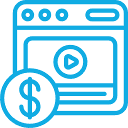 Blue line icon of a video player window with a play button and dollar sign symbol