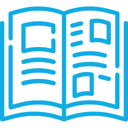 Blue line icon of an open book with pages visible.