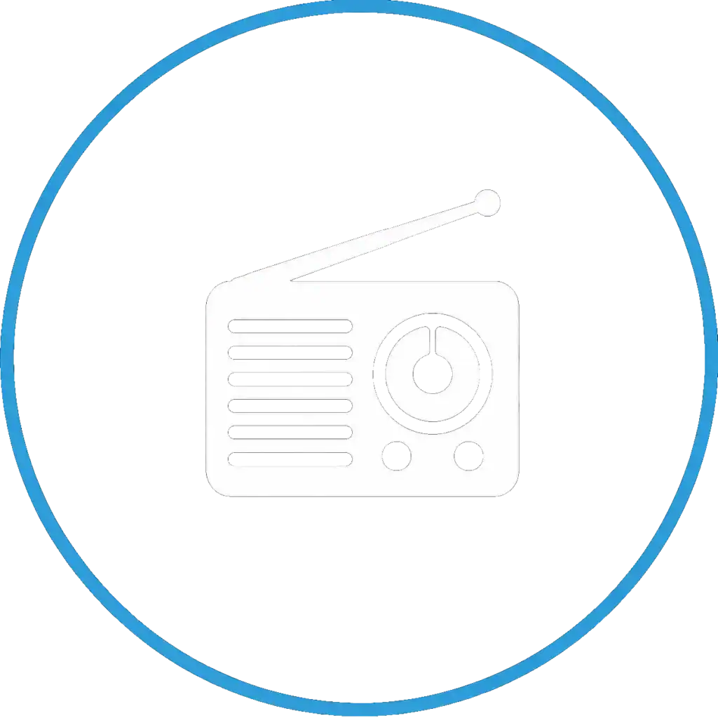 White radio icon inside a blue circular border on a transparent background.