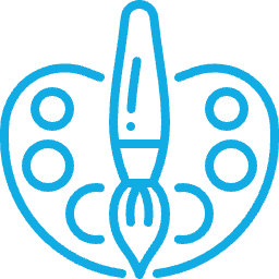 Blue outline icon of an artist’s paint palette with a paintbrush, representing art, painting, or creativity.