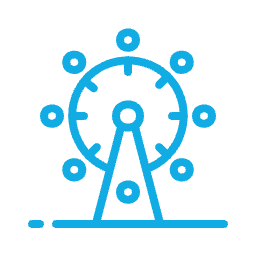 Blue outline icon of a Ferris wheel, representing amusement parks, fairs, or entertainment.