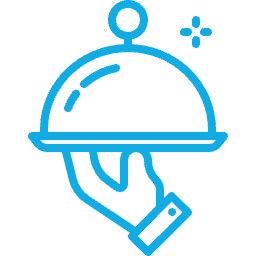 Blue line icon of a serving cloche held by a hand