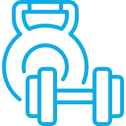 Blue line icon of a kettlebell and dumbbell representing fitness or strength training