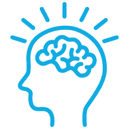 Blue line icon of a human head with a brain and radiating lines symbolizing ideas or thinking