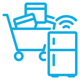 Blue line icon of a shopping cart with boxes, a refrigerator, and a Wi-Fi signal representing online grocery shopping