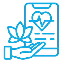 Blue line icon of a hand holding a phone with a heart monitor and leaf symbolizing wellness or health care