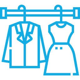 Blue outline icon of a formal shirt and a dress on hangers, representing clothing or apparel.