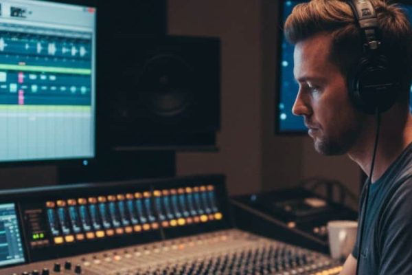 Audio engineer adjusting sound mixer for consistent and professional brand audio quality