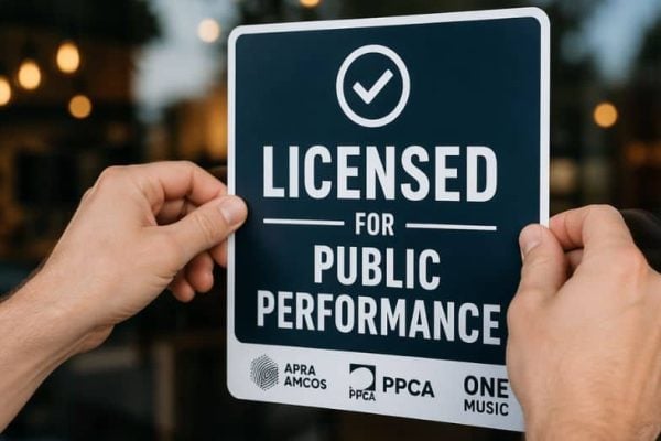 High-contrast image of a professional placing a ‘Licensed for Public Performance’ compliance sticker onto a glass storefront window.