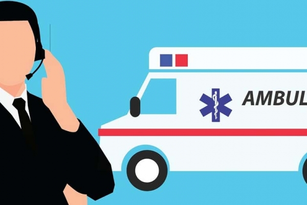 This has a picture of a medical worker without a face who is wearing a telephone headset. There is also a cartoon image of an ambulance next to them.